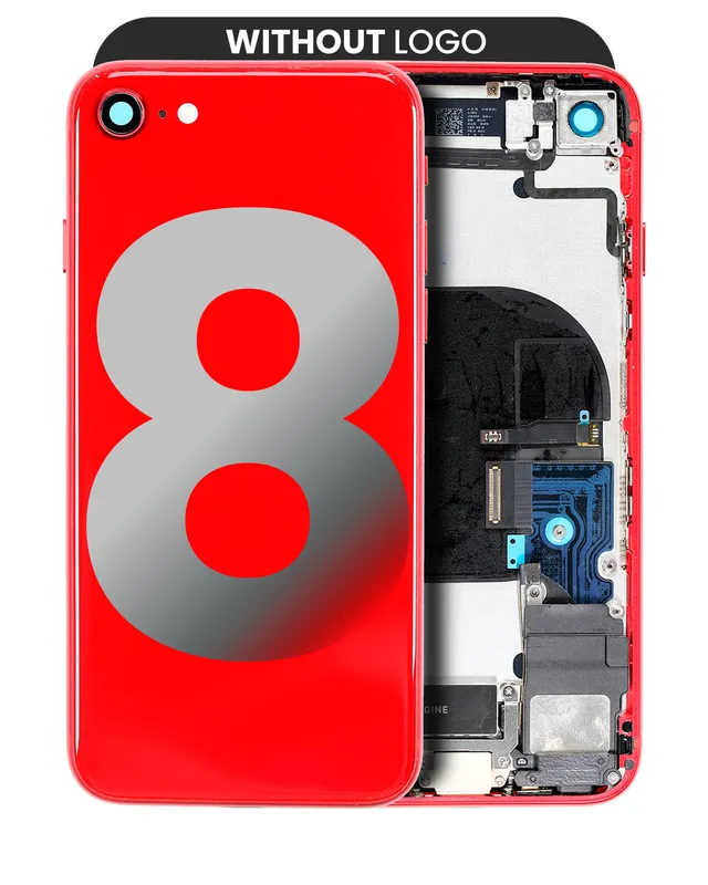 Zadní kryt (housing) s drobnými součástkami (předinstalováno) pro iPhone 8 (bez loga) (Aftermarket Plus) (červená)