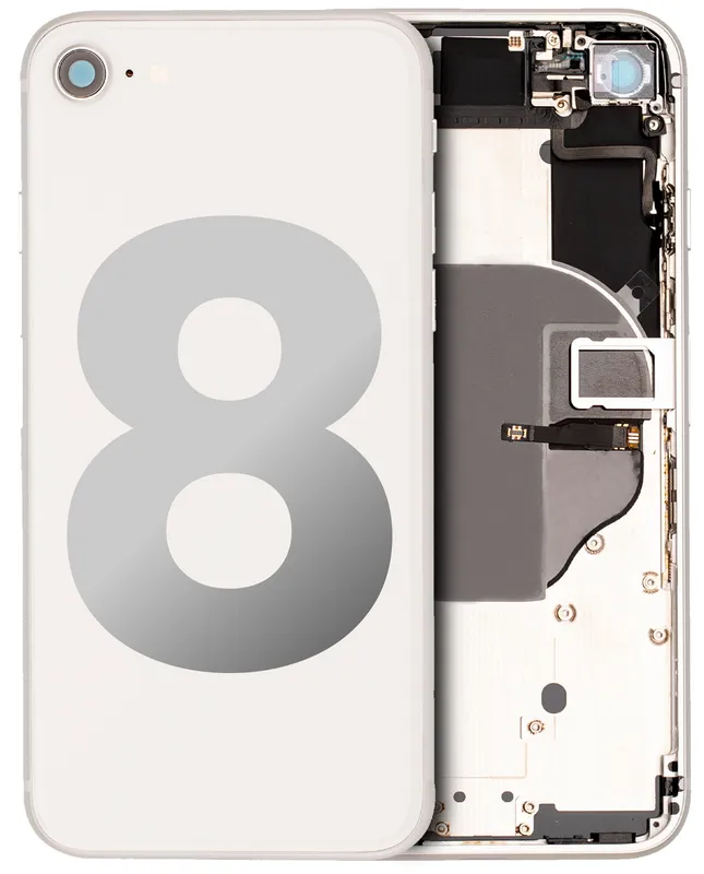 Zadní kryt (housing) s drobnými součástkami (předinstalováno) pro iPhone 8 (originál z vyřazeného zařízení, stav B) (stříbrná)