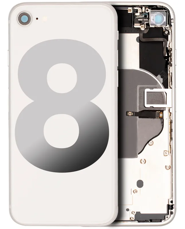 Zadní kryt (housing) s drobnými součástkami (předinstalováno) pro iPhone 8 (originál z vyřazeného zařízení, stav C) (stříbrná)