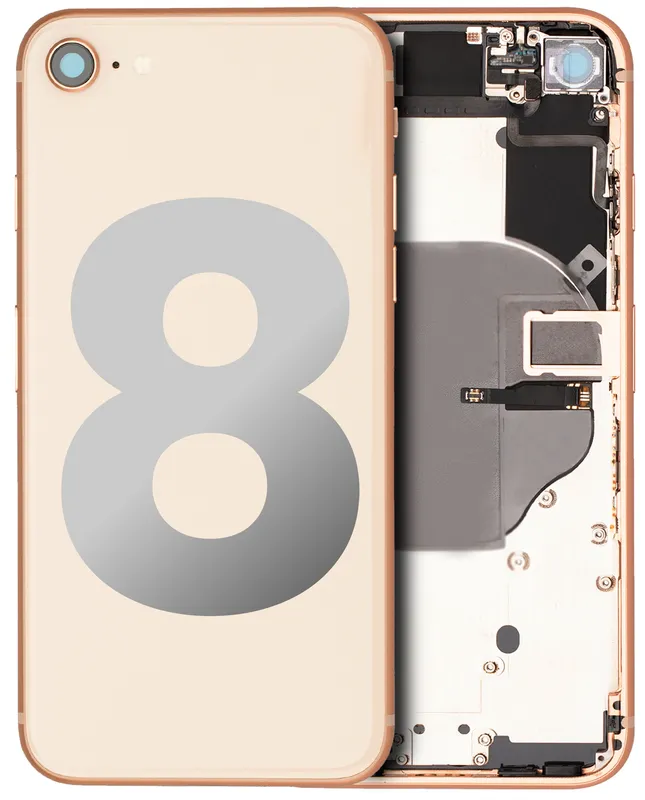 Zadní kryt (housing) s drobnými součástkami (předinstalováno) pro iPhone 8 (originál z vyřazeného zařízení, stav B) (zlatá)