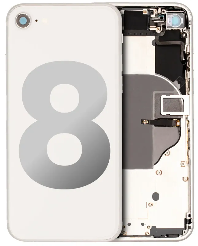 Zadní kryt (housing) s drobnými součástkami (předinstalováno) pro iPhone 8 (originál z vyřazeného zařízení, stav A) (stříbrná)