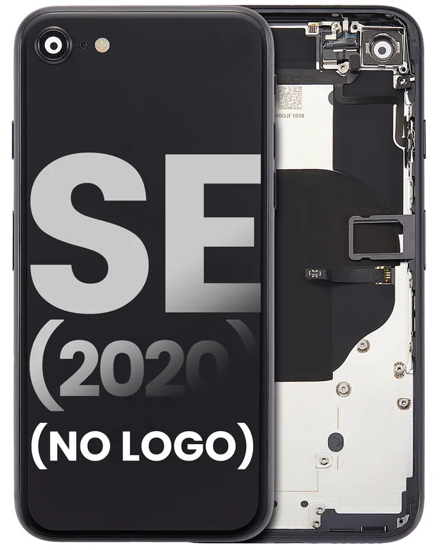 Zadní kryt (housing) s drobnými součástkami (předinstalováno) pro iPhone SE (2020) (bez loga) (Aftermarket Plus) (černá)
