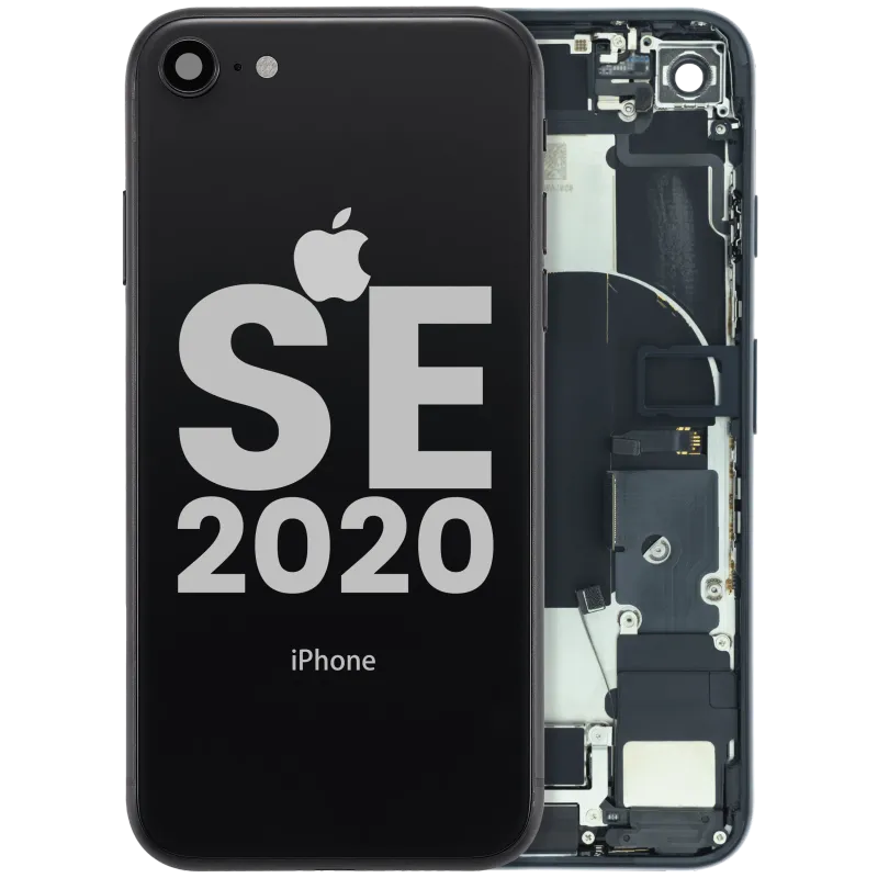 Zadní kryt (housing) s flexem nabíjecího konektoru a drobnými součástkami (předinstalováno) pro iPhone SE (2020) (originál z vyřazeného zařízení, stav C) (černá)