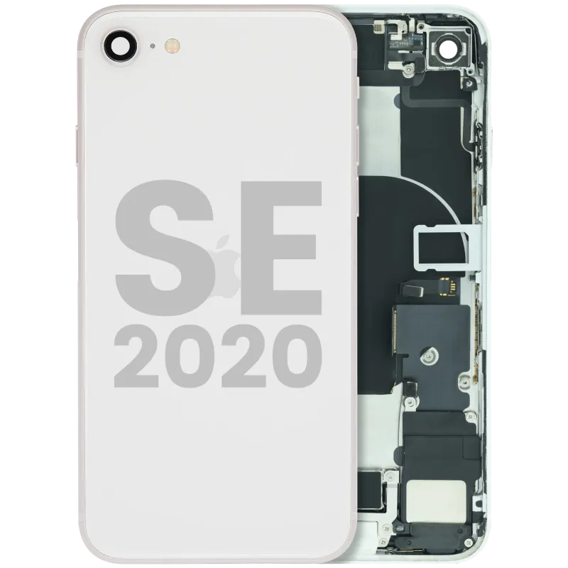 Zadní kryt (housing) s flexem nabíjecího konektoru a drobnými součástkami (předinstalováno) pro iPhone SE (2020) (originál z vyřazeného zařízení, stav B) (bílá)