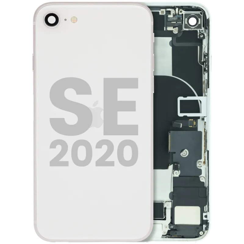 Zadní kryt (housing) s flexem nabíjecího konektoru a drobnými součástkami (předinstalováno) pro iPhone SE (2020) (originál z vyřazeného zařízení, stav A) (bílá)