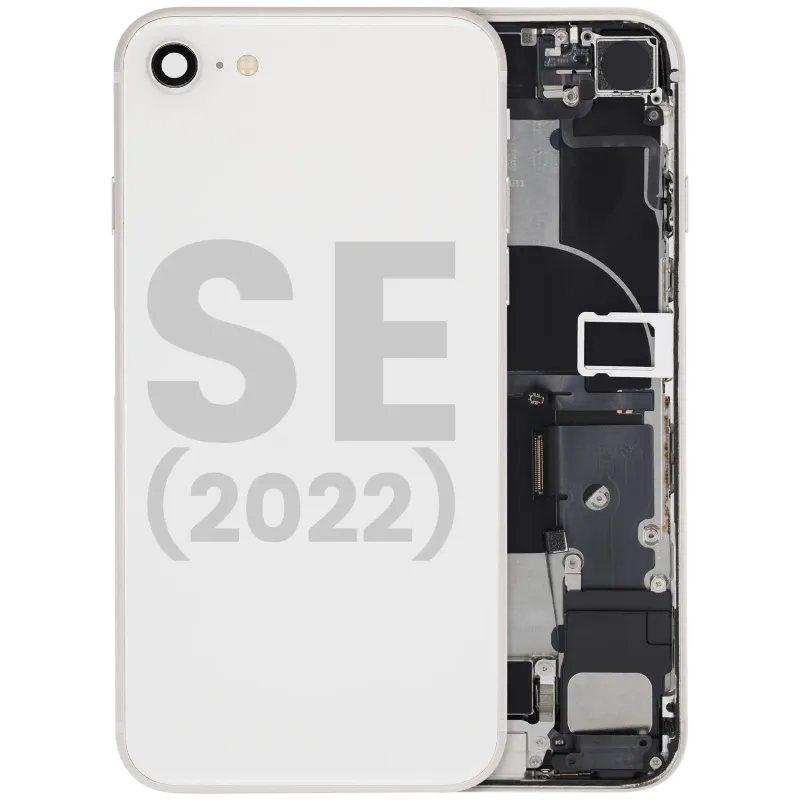 Zadní kryt (housing) s flexem nabíjecího konektoru a drobnými díly pro iPhone SE (2022) (originál z vyřazeného zařízení, stav C) (hvězdně bílá)