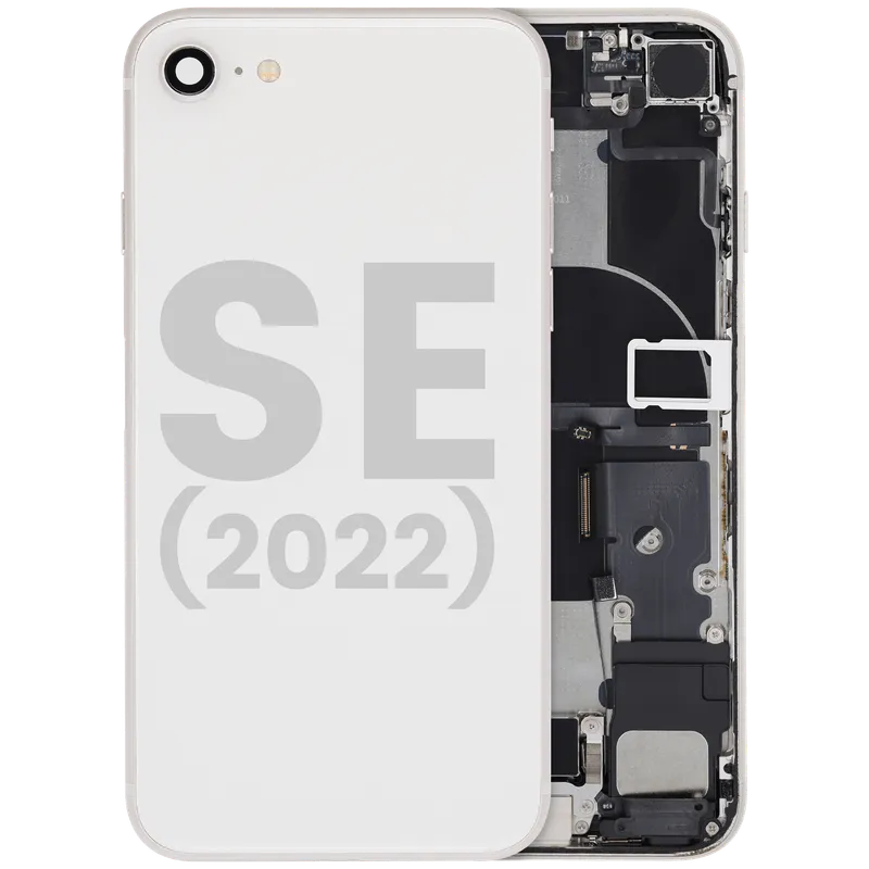 Zadní kryt (housing) s flexem nabíjecího konektoru a drobnými součástkami (předinstalováno) pro iPhone SE (2022) (originál z vyřazeného zařízení, stav B) (hvězdně bílá)