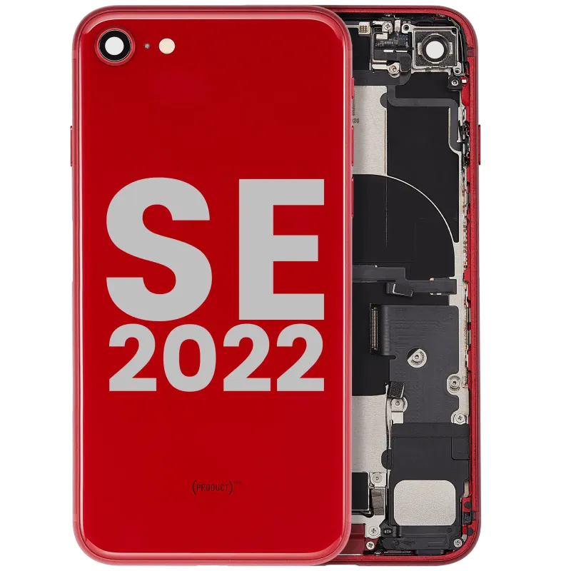 Zadní kryt (housing) s flexem nabíjecího konektoru a drobnými součástkami (předinstalováno) pro iPhone SE (2022) (originál z vyřazeného zařízení, stav B) (červená)