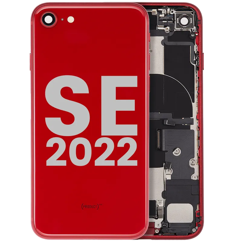 Zadní kryt (housing) s flexem nabíjecího konektoru a drobnými součástkami (předinstalováno) pro iPhone SE (2022) (originál z vyřazeného zařízení, stav A) (červená)