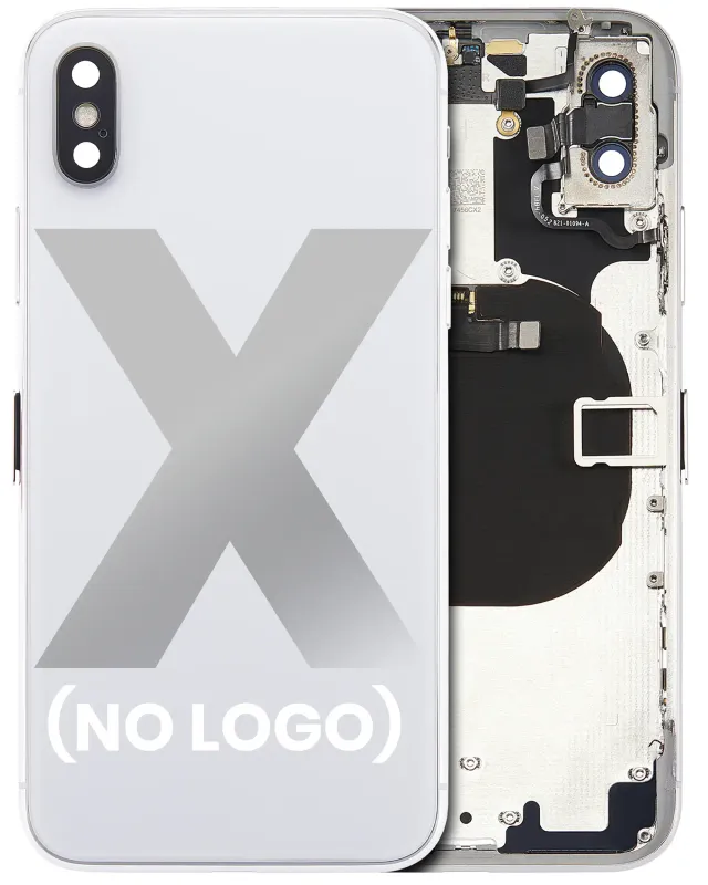 Zadní kryt (housing) s drobnými součástkami (předinstalováno) pro iPhone X (bez loga) (Aftermarket Plus) (stříbrná)
