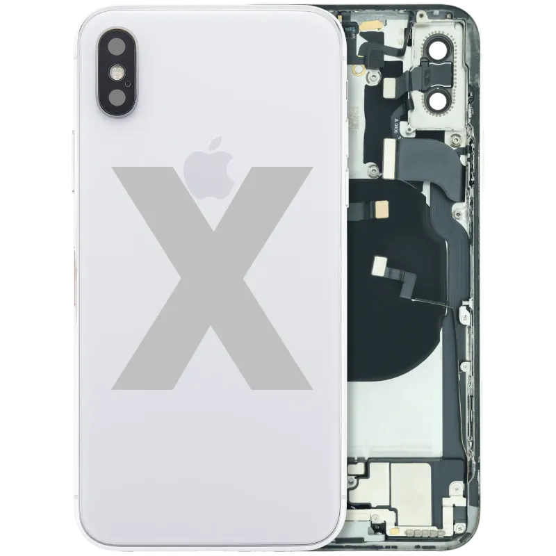Zadní kryt (housing) s flexem nabíjecího konektoru a drobnými součástkami (předinstalováno) pro iPhone X (originál z vyřazeného zařízení, stav A) (stříbrná)