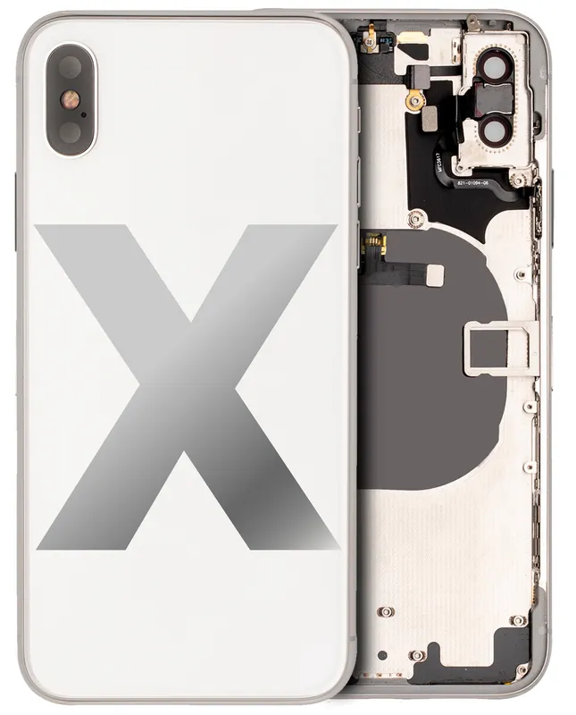 Zadní kryt (housing) s drobnými součástkami (předinstalováno) pro iPhone X (originál z vyřazeného zařízení, stav B) (stříbrná)