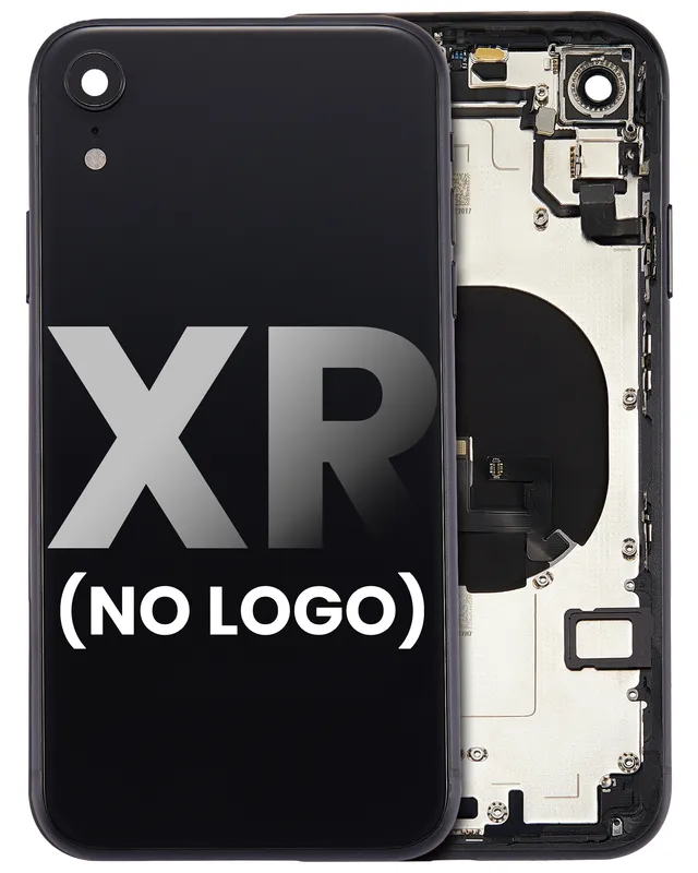 Zadní kryt (housing) s drobnými součástkami (předinstalováno) pro iPhone XR (bez loga) (Aftermarket Plus) (černá)