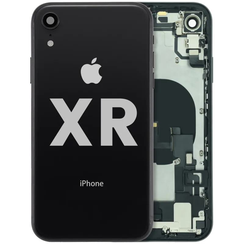 Zadní kryt (housing) s flexem nabíjecího konektoru a drobnými součástkami (předinstalováno) pro iPhone XR (originál z vyřazeného zařízení, stav C) (černá)