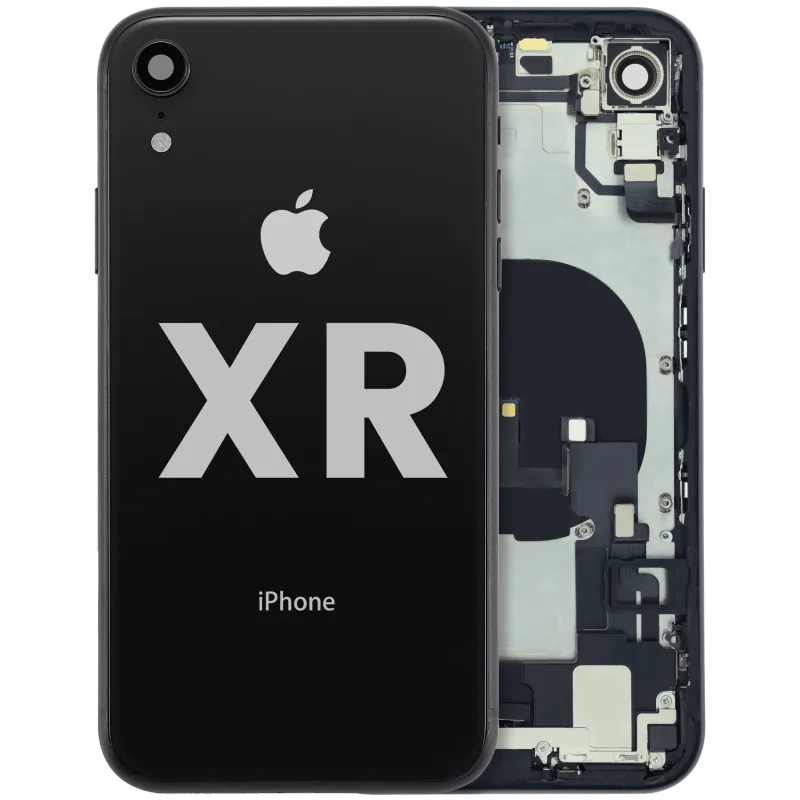 Zadní kryt (housing) s flexem nabíjecího konektoru a drobnými součástkami (předinstalováno) pro iPhone XR (originál z vyřazeného zařízení, stav B) (černá)