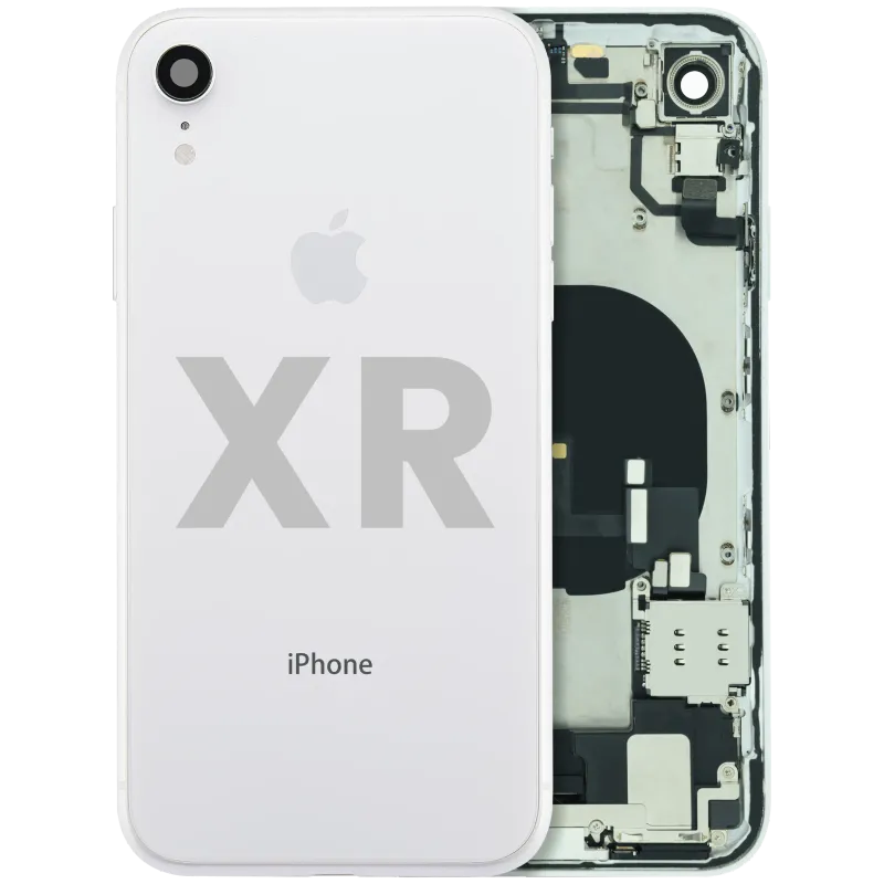 Zadní kryt (housing) s flexem nabíjecího konektoru a drobnými součástkami (předinstalováno) pro iPhone XR (originál z vyřazeného zařízení, stav B) (bílá)
