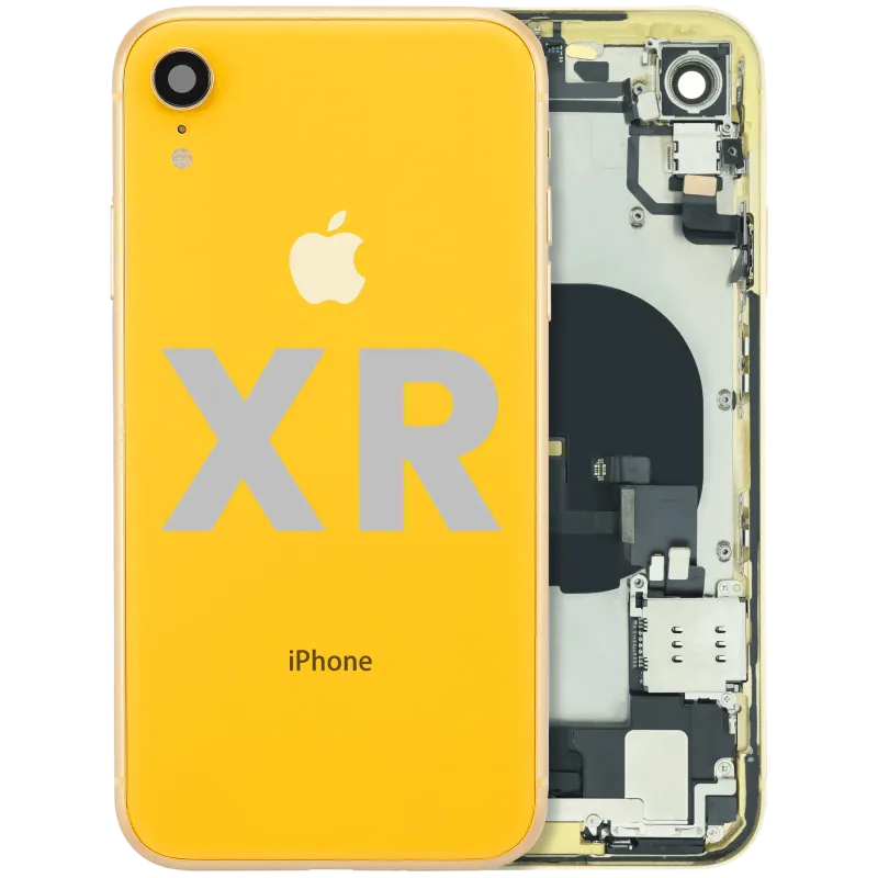 Zadní kryt (housing) s flexem nabíjecího konektoru a drobnými součástkami (předinstalováno) pro iPhone XR (originál z vyřazeného zařízení, stav B) (žlutá)