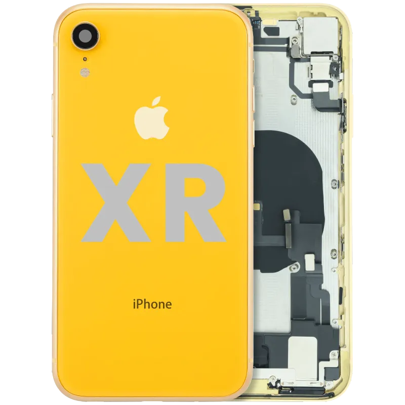 Zadní kryt (housing) s flexem nabíjecího konektoru a drobnými součástkami (předinstalováno) pro iPhone XR (originál z vyřazeného zařízení, stav A) (žlutá)