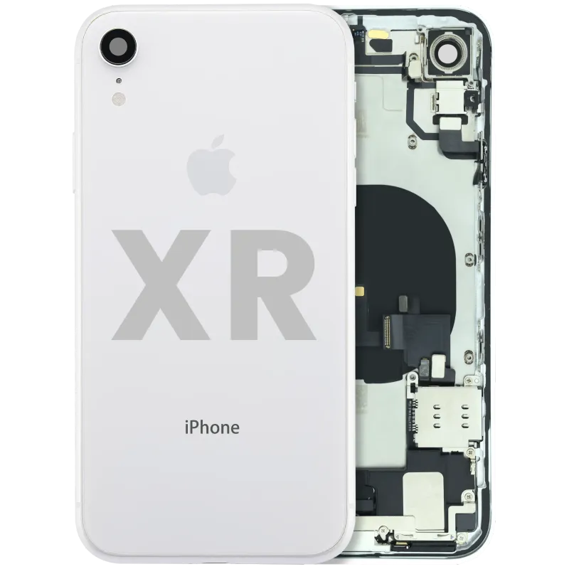 Zadní kryt (housing) s flexem nabíjecího konektoru a drobnými součástkami (předinstalováno) pro iPhone XR (originál z vyřazeného zařízení, stav A) (bílá)
