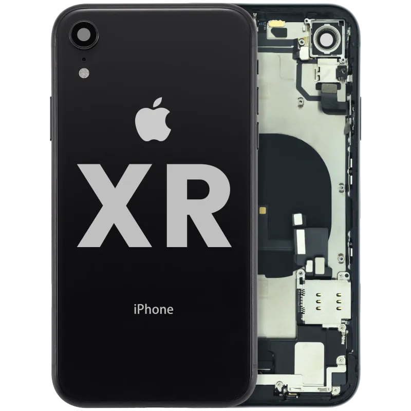 Zadní kryt (housing) s flexem nabíjecího konektoru a drobnými součástkami (předinstalováno) pro iPhone XR (originál z vyřazeného zařízení, stav A) (černá)
