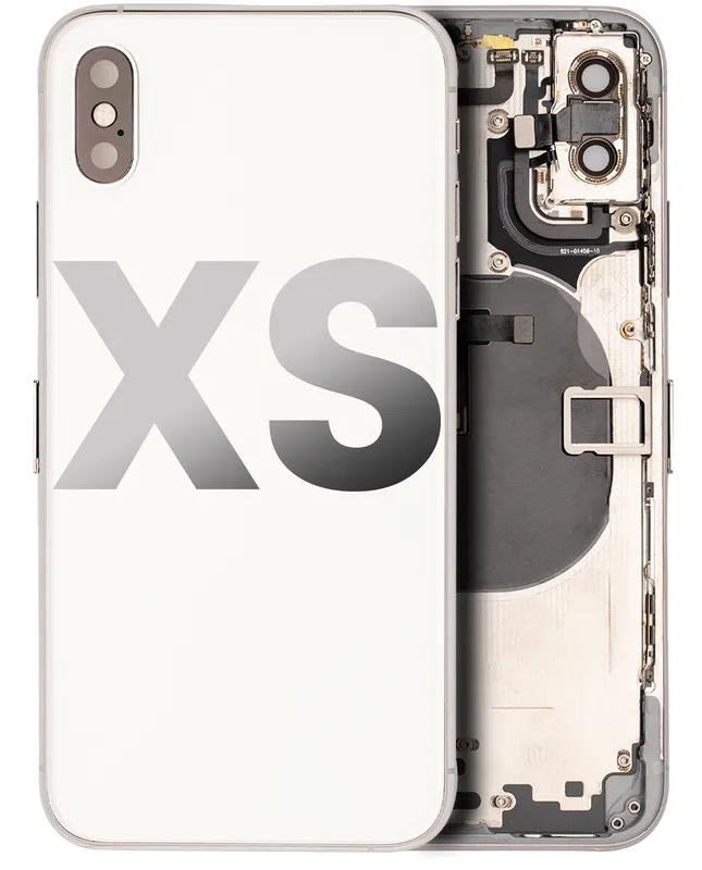 Zadní kryt (housing) s drobnými součástkami (předinstalováno) pro iPhone XS (originál z vyřazeného zařízení, stav C) (stříbrná)
