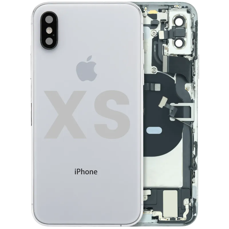 Zadní kryt (housing) s flexem nabíjecího konektoru a drobnými součástkami (předinstalováno) pro iPhone XS (originál z vyřazeného zařízení, stav B) (stříbrná)