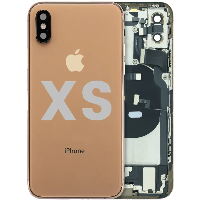 Zadní kryt (housing) s flexem nabíjecího konektoru a drobnými součástkami (předinstalováno) pro iPhone XS (originál z vyřazeného zařízení, stav B) (zlatá)