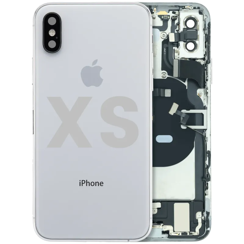 Zadní kryt (housing) s flexem nabíjecího konektoru a drobnými součástkami (předinstalováno) pro iPhone XS (originál z vyřazeného zařízení, stav A) (stříbrná)