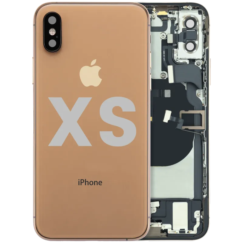 Zadní kryt (housing) s flexem nabíjecího konektoru a drobnými součástkami (předinstalováno) pro iPhone XS (originál z vyřazeného zařízení, stav A) (zlatá)