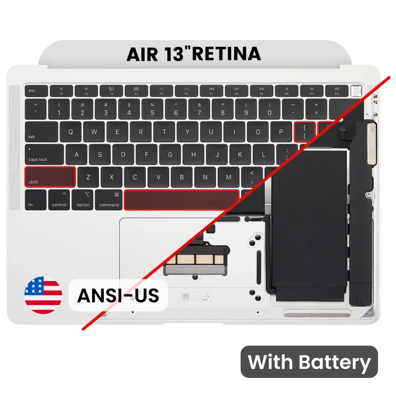 Top case s baterií a klávesnicí (americké rozložení ANSI) pro MacBook Air 13" A1932 (2018-2019) (originál z vyřazeného zařízení, stav B) (stříbrná)