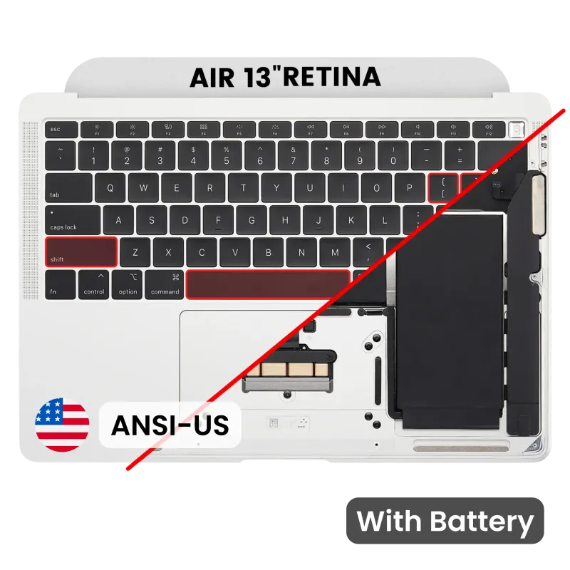 Top case s baterií a klávesnicí (americké rozložení ANSI) pro MacBook Air 13" A1932 (2018-2019) (originál z vyřazeného zařízení, stav A) (stříbrná)