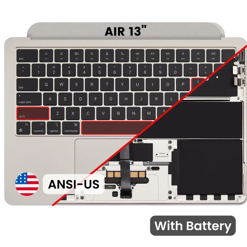 Top case s baterií a klávesnicí (americké rozložení ANSI) pro MacBook Air 13" A2681 (2022) (hvězdně bílá)
