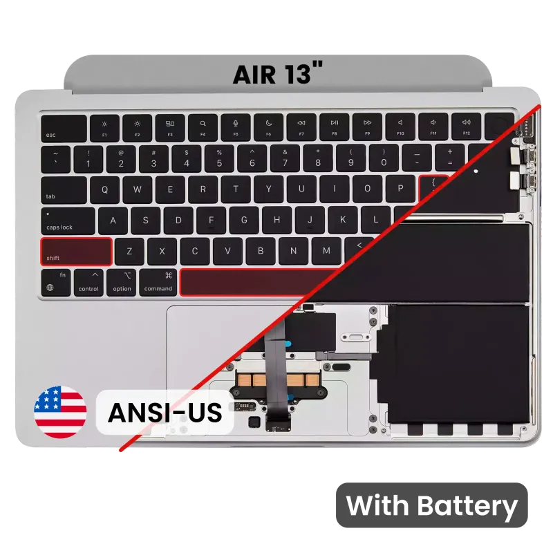 Top case s baterií a klávesnicí (americké rozložení ANSI) pro MacBook Air 13" A2681 (2022) (stříbrná)