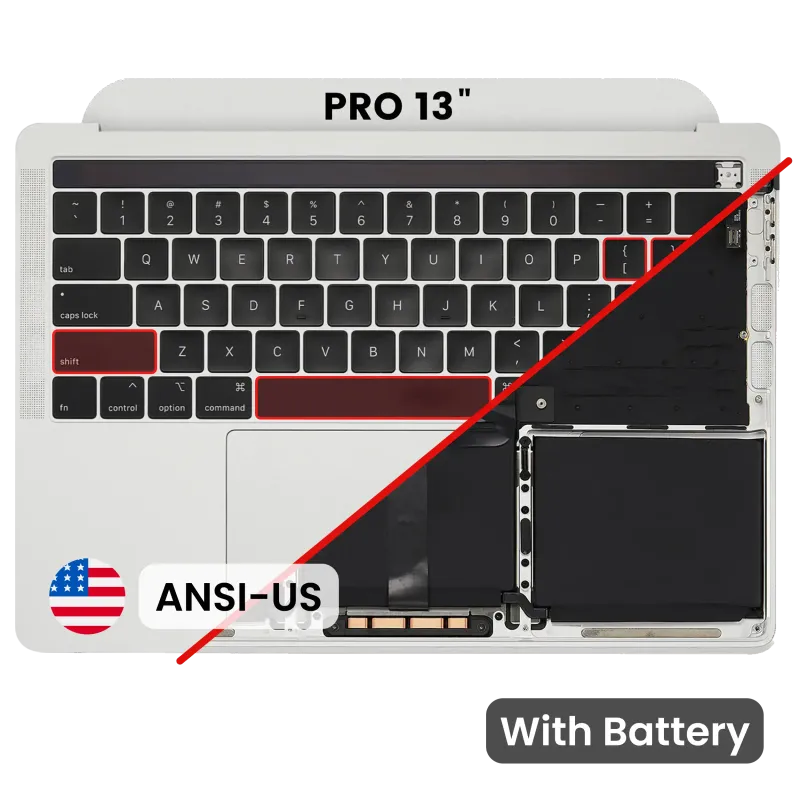 Top case s baterií a klávesnicí (americké rozložení ANSI) pro MacBook Pro 13" A2159 (2019) (originál z vyřazeného zařízení, stav B/C) (stříbrná)