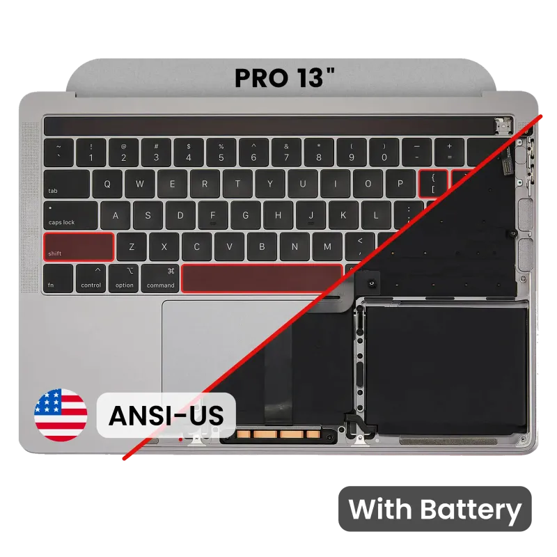 Top case s baterií a klávesnicí (americké rozložení ANSI) pro MacBook Pro 13" A2159 (2019) (originál z vyřazeného zařízení, stav B/C) (vesmírně šedá)