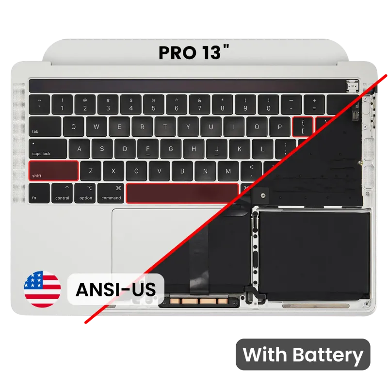 Top case s baterií a klávesnicí (americké rozložení ANSI) pro MacBook Pro 13" A2159 (2019) (originál z vyřazeného zařízení, stav A) (stříbrná)