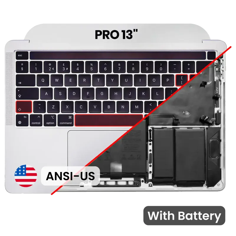Top case s baterií a klávesnicí (americké rozložení ANSI) pro MacBook Pro 13" A2251 (2020) (originál z vyřazeného zařízení, stav B/C) (stříbrná)