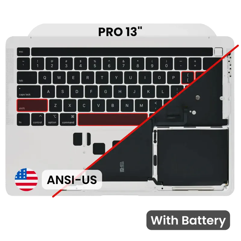 Top case s baterií a klávesnicí (americké rozložení ANSI) pro MacBook Pro 13" A2338 (2020) (M1) (originál z vyřazeného zařízení, stav B/C) (stříbrná)