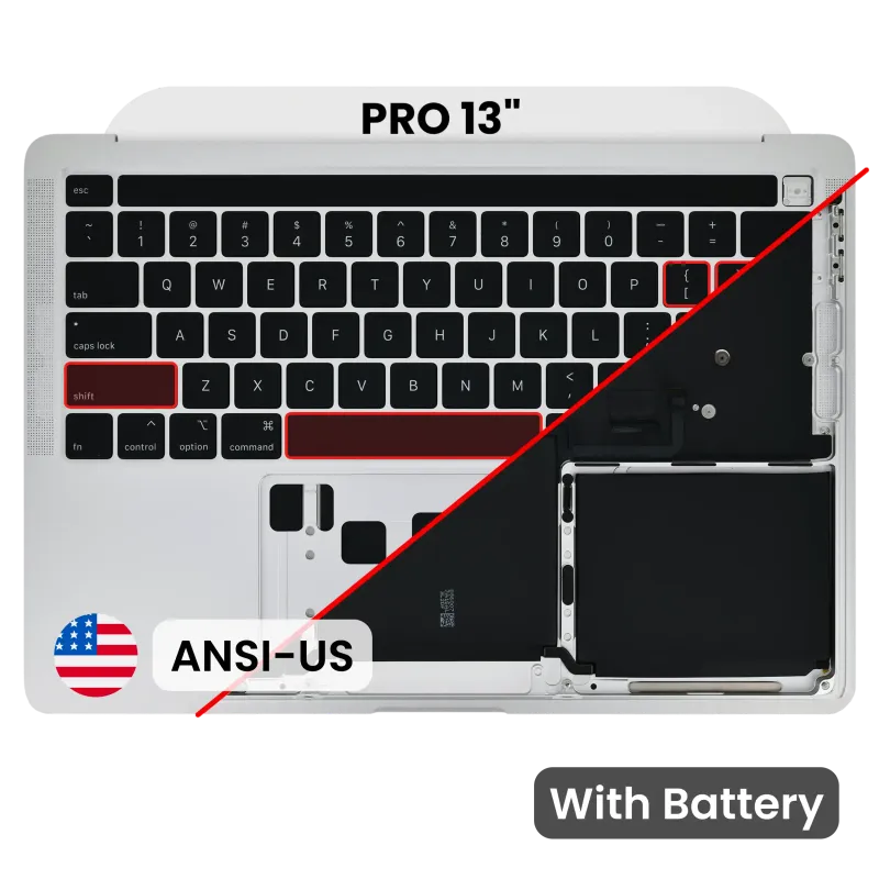 Top case s baterií a klávesnicí (americké rozložení ANSI) pro MacBook Pro 13" A2338 (2020) (M1) (originál z vyřazeného zařízení, stav A) (stříbrná)