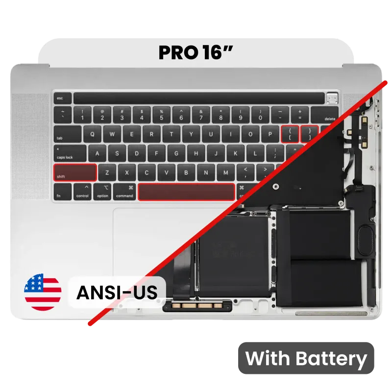 Top case s baterií a klávesnicí (americké rozložení ANSI) pro MacBook Pro 16" A2141 (2019) (originál z vyřazeného zařízení, stav B/C) (stříbrná)