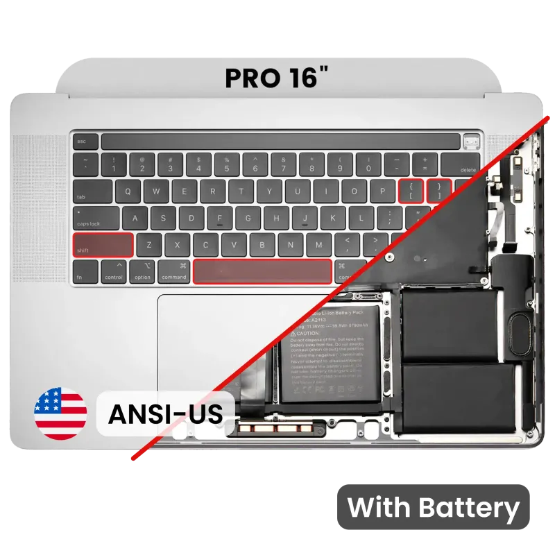 Top case s baterií a klávesnicí (americké rozložení ANSI) pro MacBook Pro 16" A2141 (2019) (originál z vyřazeného zařízení, stav A) (stříbrná)