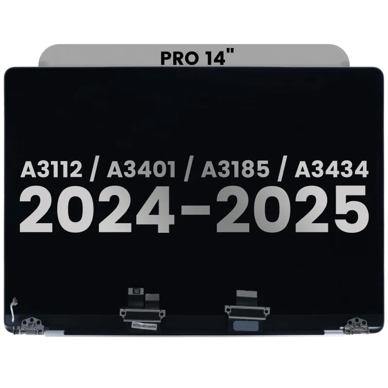 Kompletní LCD displej (lesklý) pro MacBook Pro 14" A3112 / A3401 / A3185 / A3434 (2024 - 2025) (předinstalovaný kabel senzoru úhlu víka) (originál z vyřazeného zařízení, stav B) (stříbrná)