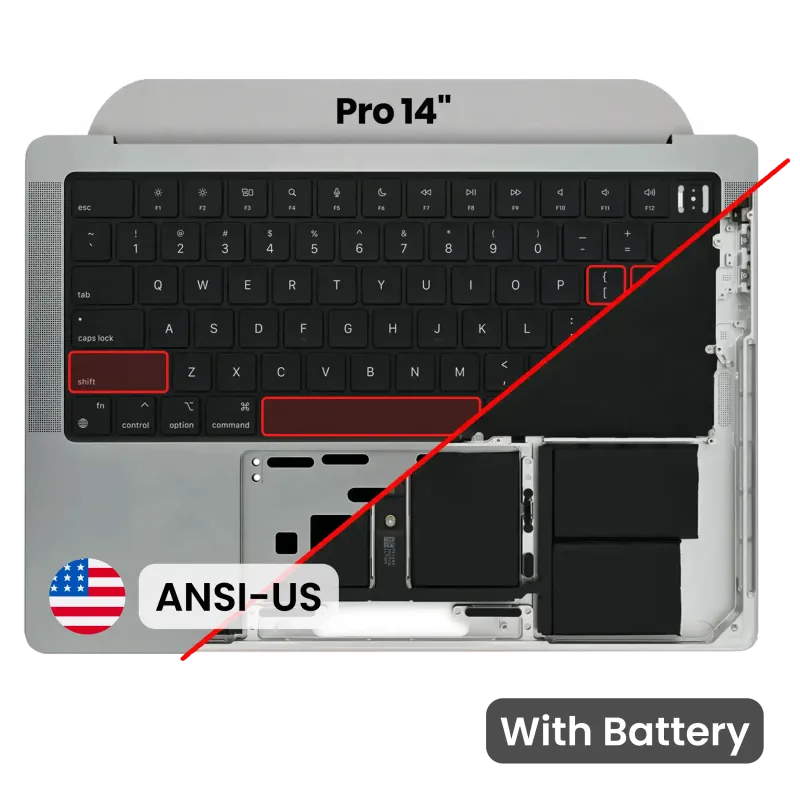 Top case s baterií a klávesnicí (americké rozložení ANSI) pro MacBook Pro 14" A2442 (2021) / A2779 (2023) (originál z vyřazeného zařízení, stav B/C) (vesmírně šedá)
