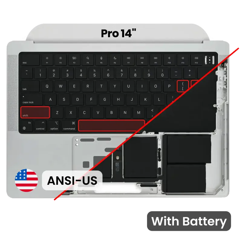 Top case s baterií a klávesnicí (americké rozložení ANSI) pro MacBook Pro 14" A2442 (2021) / A2779 (2023) (originál z vyřazeného zařízení, stav B/C) (stříbrná)