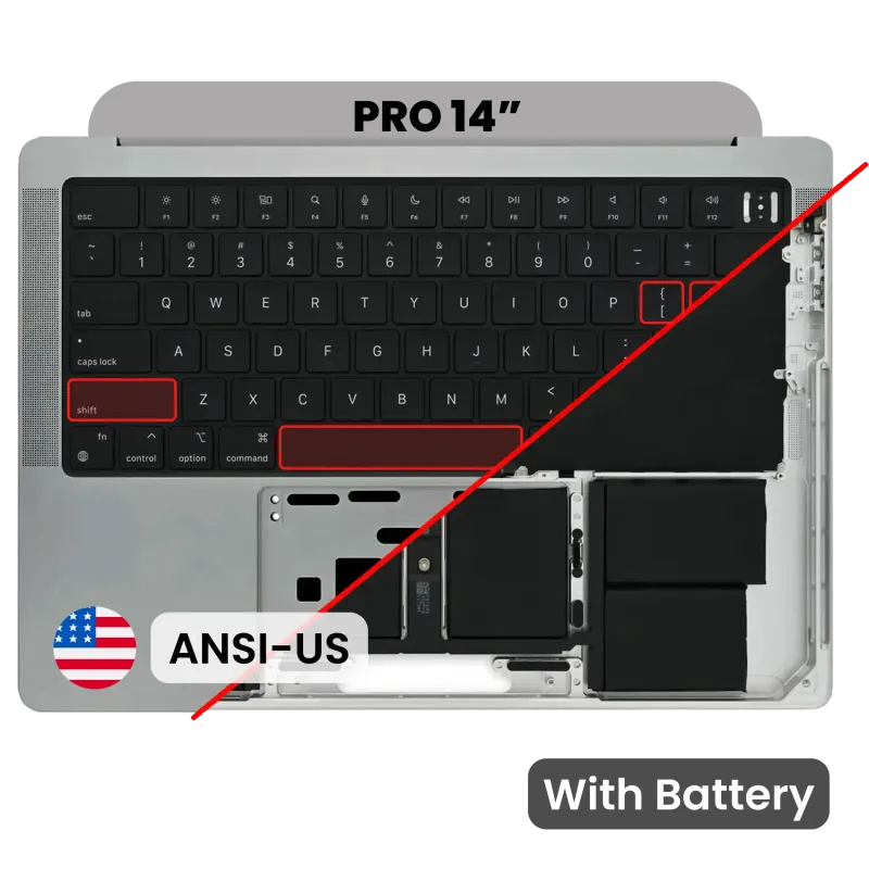 Top case s baterií a klávesnicí (americké rozložení ANSI) pro MacBook Pro 14" A2442 (2021) / A2779 (2023) (originál z vyřazeného zařízení, stav A) (vesmírně šedá)