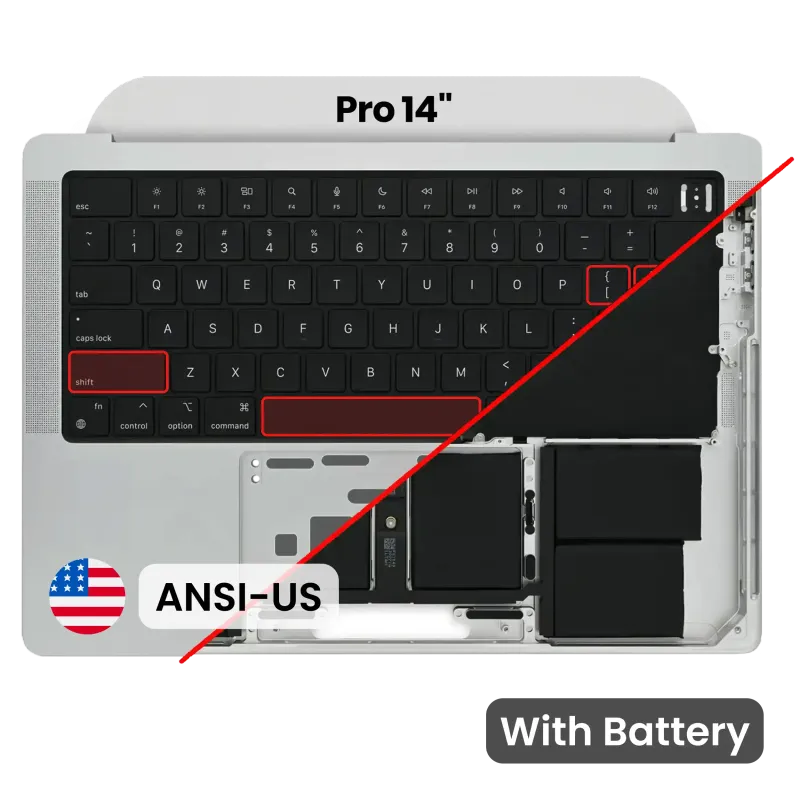 Top case s baterií a klávesnicí (americké rozložení ANSI) pro MacBook Pro 14" A2442 (2021) / A2779 (2023) (originál z vyřazeného zařízení, stav A) (stříbrná)