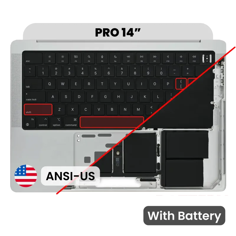 Top case s baterií a klávesnicí (americké rozložení ANSI) pro MacBook Pro 14" A2442 (2021) / A2779 (2023) (stříbrná)