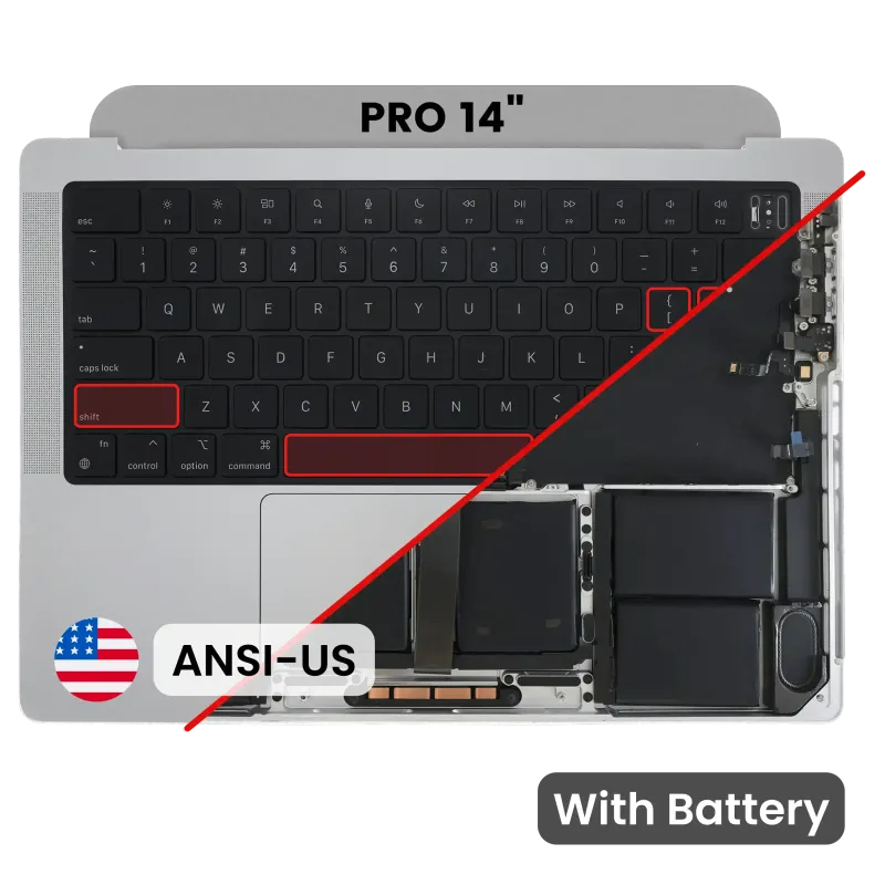 Top case s baterií a klávesnicí (americké rozložení ANSI) pro MacBook Pro 14" A2779 (2023) (stříbrná)
