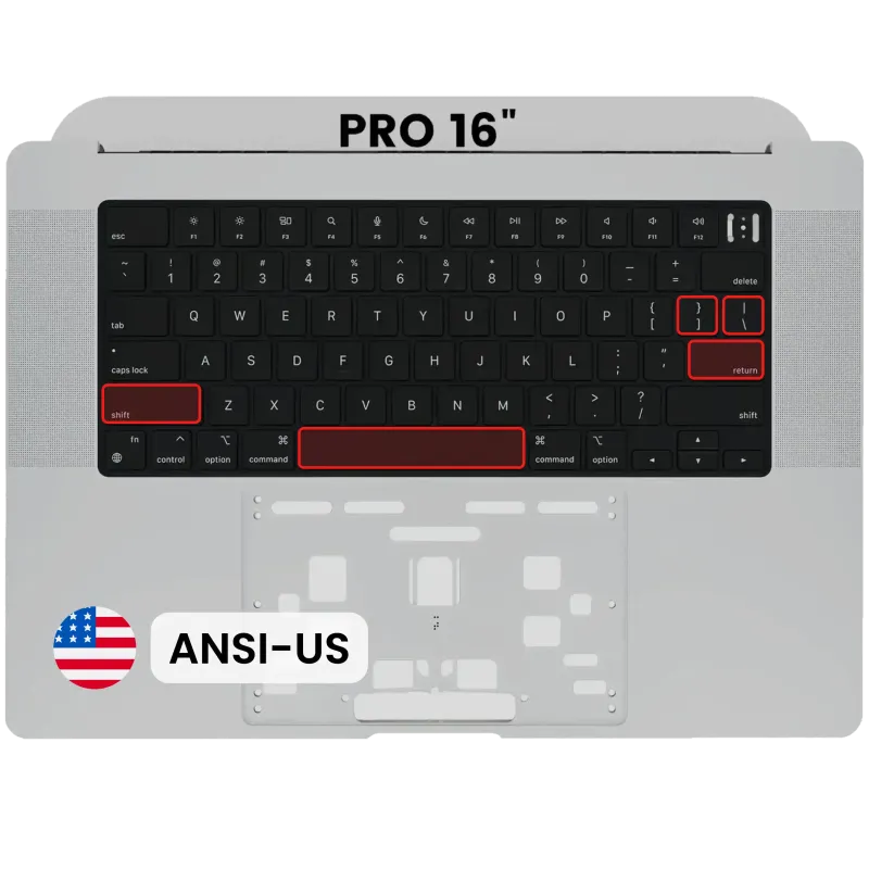Top case s klávesnicí (americké rozložení ANSI) pro MacBook Pro 16" A2485 (2021) / A2780 (2023) (originál z vyřazeného zařízení, stav B/C) (vesmírně šedá)