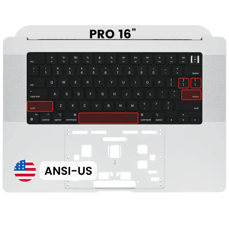 Top case s klávesnicí (americké rozložení ANSI) pro MacBook Pro 16" A2485 (2021) / A2780 (2023) (originál z vyřazeného zařízení, stav B/C) (stříbrná)